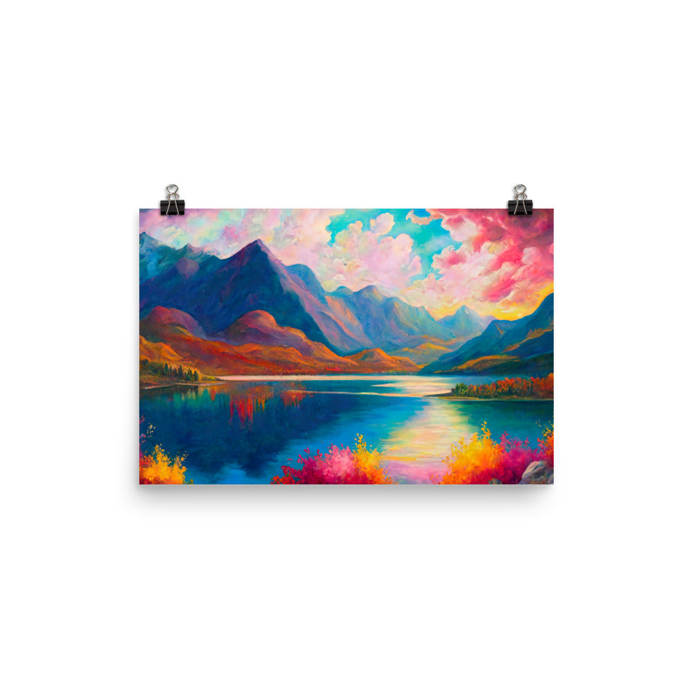 Berglandschaft und Bergsee - Farbige Ölmalerei - Premium Poster (glänzend) berge xxx 30.5 x 45.7 cm