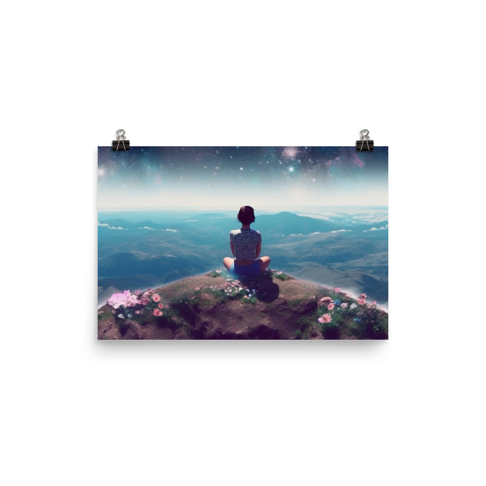 Frau sitzt auf Berg – Cosmos und Sterne im Hintergrund - Landschaftsmalerei - Premium Poster (glänzend) berge xxx 30.5 x 45.7 cm