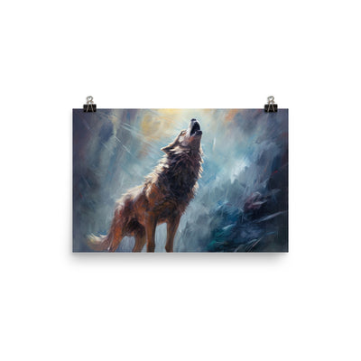 Heulender Wolf auf Berggipfel und Mond im Hintergrund – Abstrakte Malerei - Premium Poster (glänzend) camping xxx 30.5 x 45.7 cm