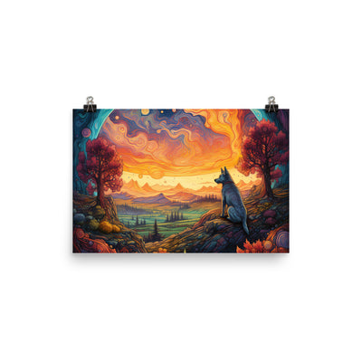 Hund auf Felsen - Epische bunte Landschaft - Malerei - Premium Poster (glänzend) camping xxx 30.5 x 45.7 cm