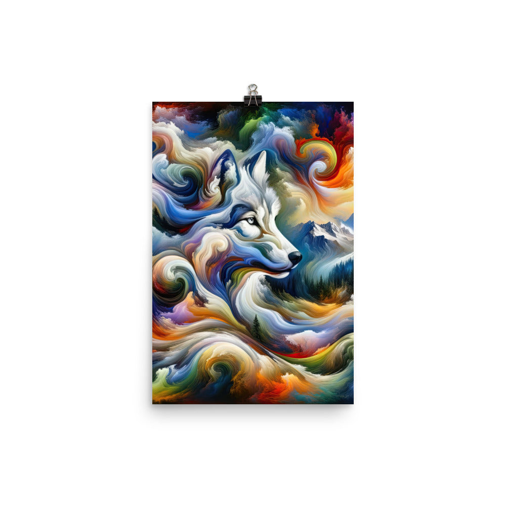 Abstraktes Alpen Gemälde: Wirbelnde Farben und Majestätischer Wolf, Silhouette (AN) - Premium Poster (glänzend) xxx yyy zzz 30.5 x 45.7 cm