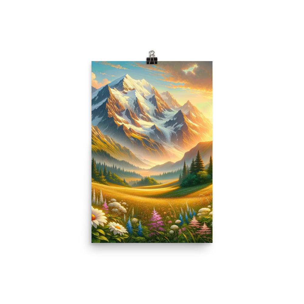 Heitere Alpenschönheit: Schneeberge und Wildblumenwiesen - Premium Poster (glänzend) berge xxx yyy zzz 30.5 x 45.7 cm
