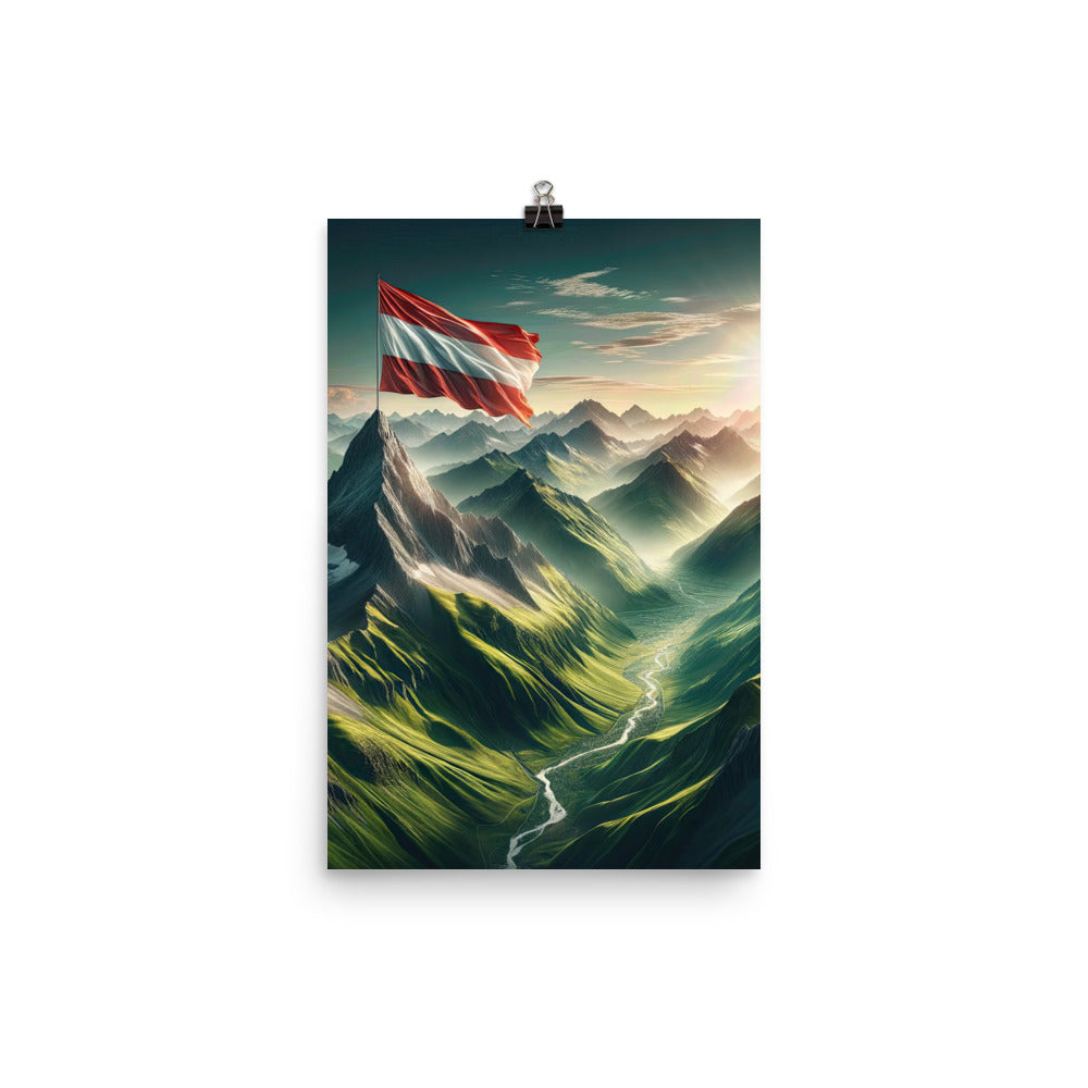 Alpen Gebirge: Fotorealistische Bergfläche mit Österreichischer Flagge - Premium Poster (glänzend) berge xxx yyy zzz 30.5 x 45.7 cm