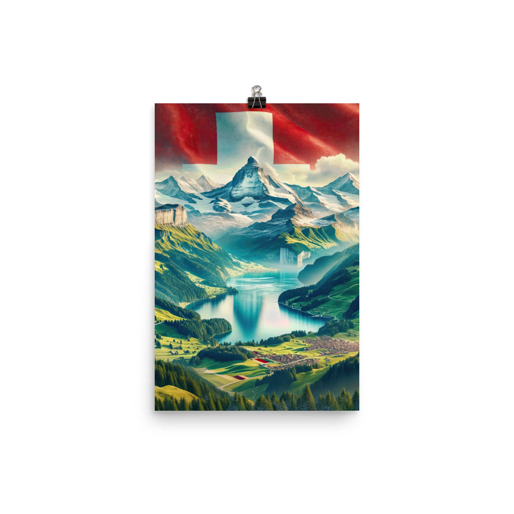 Berg Panorama: Schneeberge und Täler mit Schweizer Flagge - Premium Poster (glänzend) berge xxx yyy zzz 30.5 x 45.7 cm