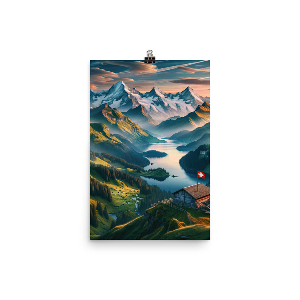 Schweizer Flagge, Alpenidylle: Dämmerlicht, epische Berge und stille Gewässer - Premium Poster (glänzend) berge xxx yyy zzz 30.5 x 45.7 cm