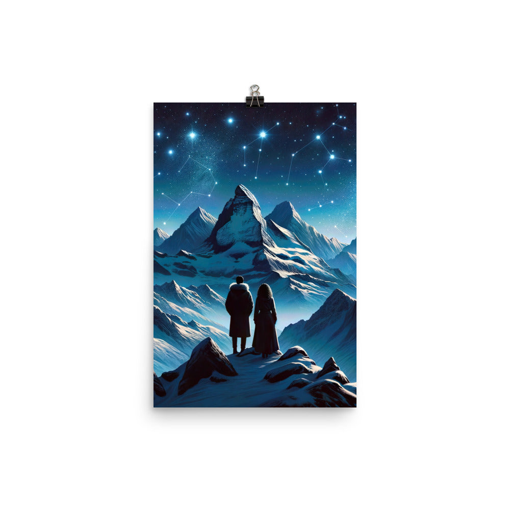 Alpenwinternacht: Digitale Kunst mit Wanderern in Bergen und Sternenhimmel - Premium Poster (glänzend) wandern xxx yyy zzz 30.5 x 45.7 cm