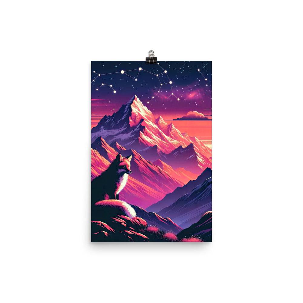 Fuchs im dramatischen Sonnenuntergang: Digitale Bergillustration in Abendfarben - Premium Poster (glänzend) camping xxx yyy zzz 30.5 x 45.7 cm