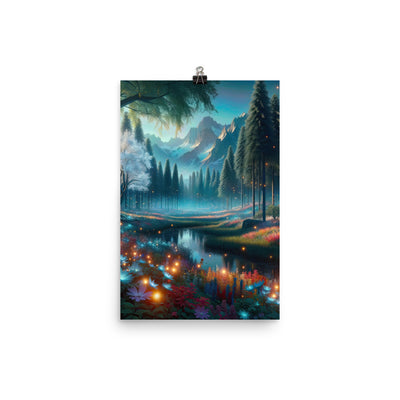 Ätherischer Alpenwald: Digitale Darstellung mit leuchtenden Bäumen und Blumen - Premium Poster (glänzend) camping xxx yyy zzz 30.5 x 45.7 cm