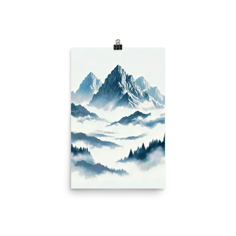 Nebeliger Alpenmorgen-Essenz, verdeckte Täler und Wälder - Premium Poster (glänzend) berge xxx yyy zzz 30.5 x 45.7 cm
