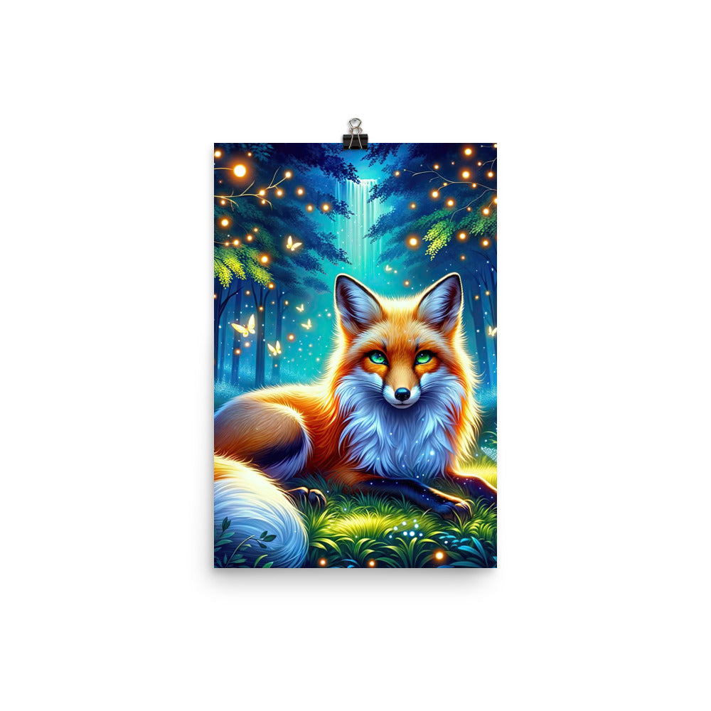 Funkelnder Nachtfuchs auf Waldlichtung mit Feuerwerk - Premium Poster (glänzend) camping xxx yyy zzz 30.5 x 45.7 cm