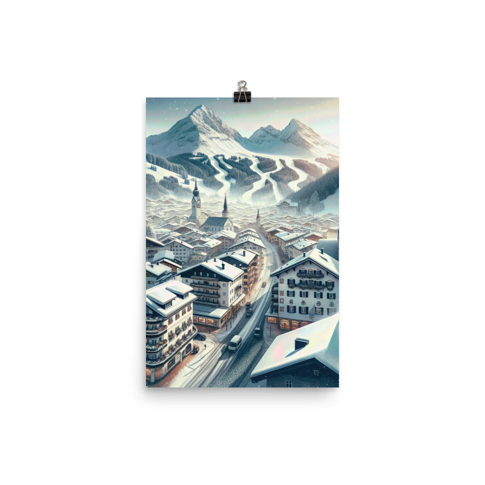 Winter in Kitzbühel: Digitale Malerei von schneebedeckten Dächern - Premium Poster (glänzend) berge xxx yyy zzz 30.5 x 45.7 cm