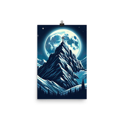 Mondnacht und Gipfelkreuz in den Alpen, glitzernde Schneegipfel - Premium Poster (glänzend) berge xxx yyy zzz 30.5 x 45.7 cm