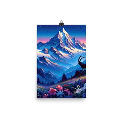 Steinbock bei Dämmerung in den Alpen, sonnengeküsste Schneegipfel - Premium Poster (glänzend) berge xxx yyy zzz 30.5 x 45.7 cm