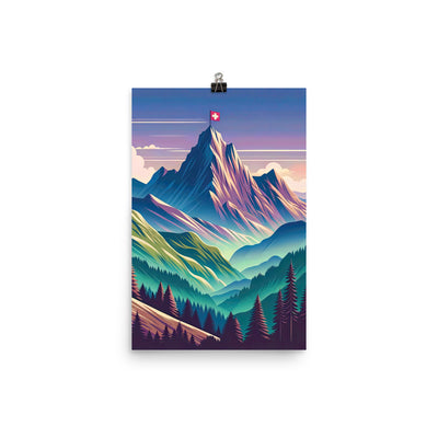 Harmonische Berglandschaft mit Schweizer Flagge auf Gipfel - Premium Poster (glänzend) berge xxx yyy zzz 30.5 x 45.7 cm