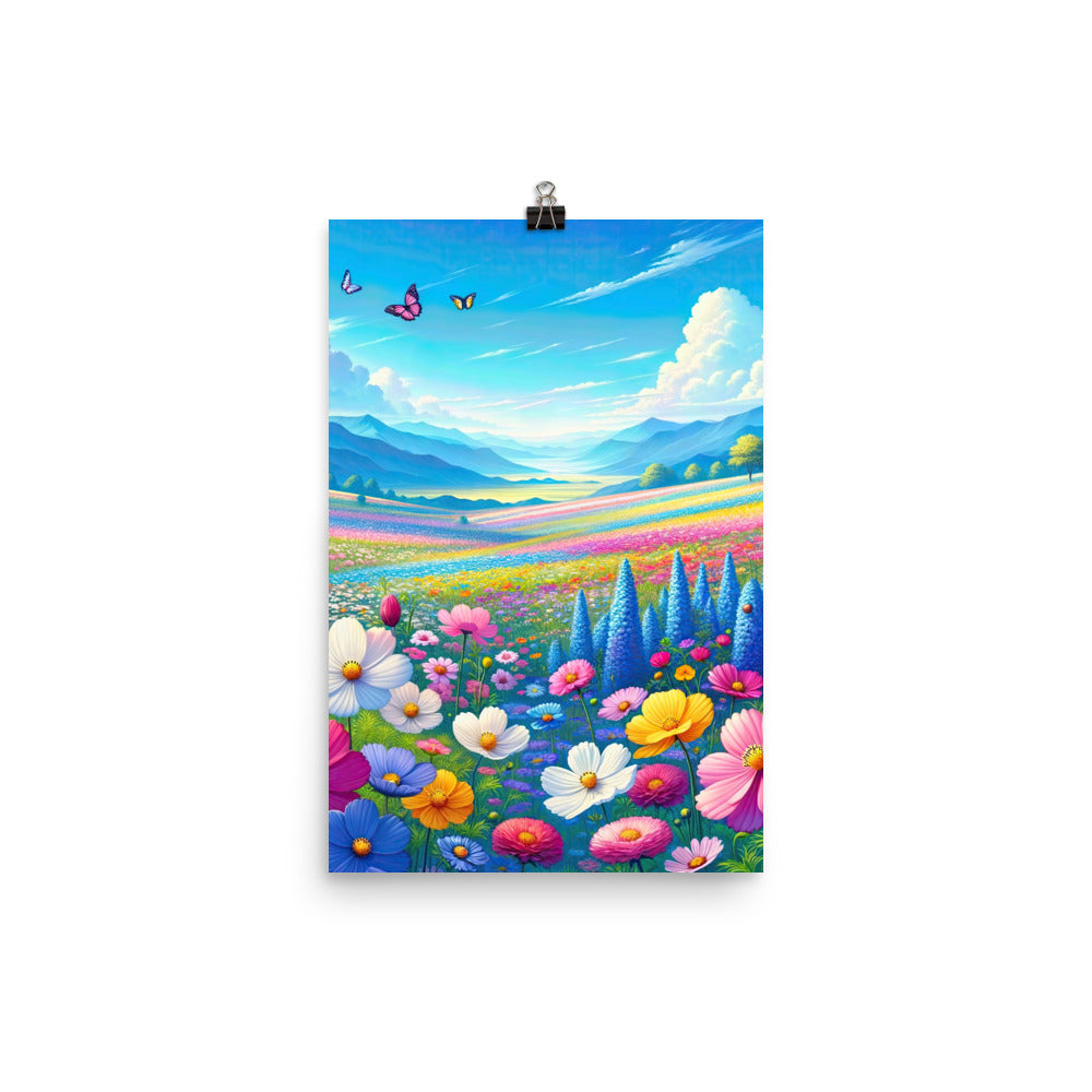 Weitläufiges Blumenfeld unter himmelblauem Himmel, leuchtende Flora - Premium Poster (glänzend) camping xxx yyy zzz 30.5 x 45.7 cm