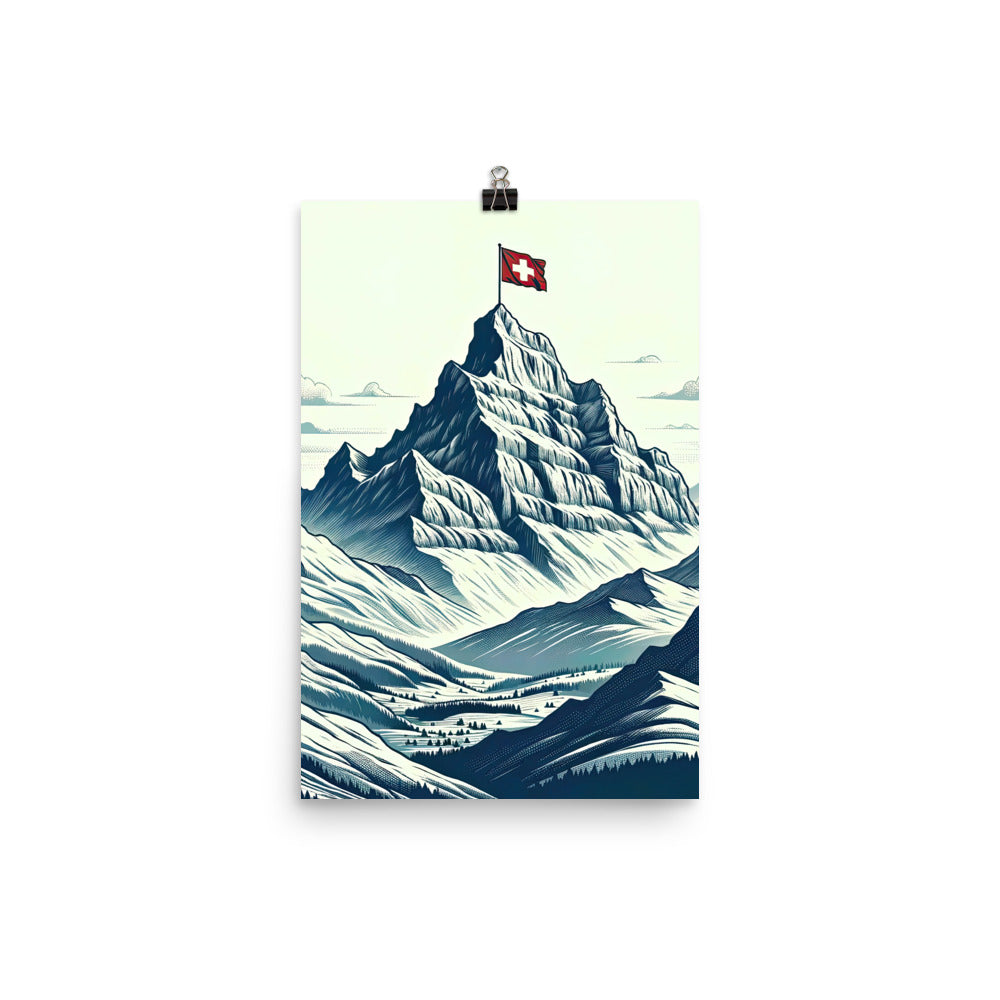 Ausgedehnte Bergkette mit dominierendem Gipfel und wehender Schweizer Flagge - Premium Poster (glänzend) berge xxx yyy zzz 30.5 x 45.7 cm