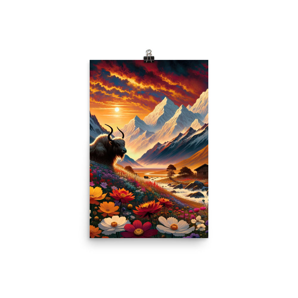 Magischer Alpenabend mit Hochlandkuh und goldener Sonnenkulisse - Premium Poster (glänzend) berge xxx yyy zzz 30.5 x 45.7 cm