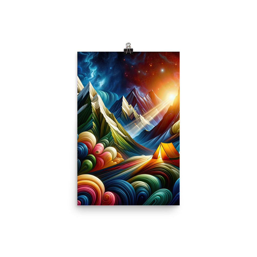 Abstrakte Bergwelt in lebendigen Farben mit Zelt - Premium Poster (glänzend) camping xxx yyy zzz 30.5 x 45.7 cm