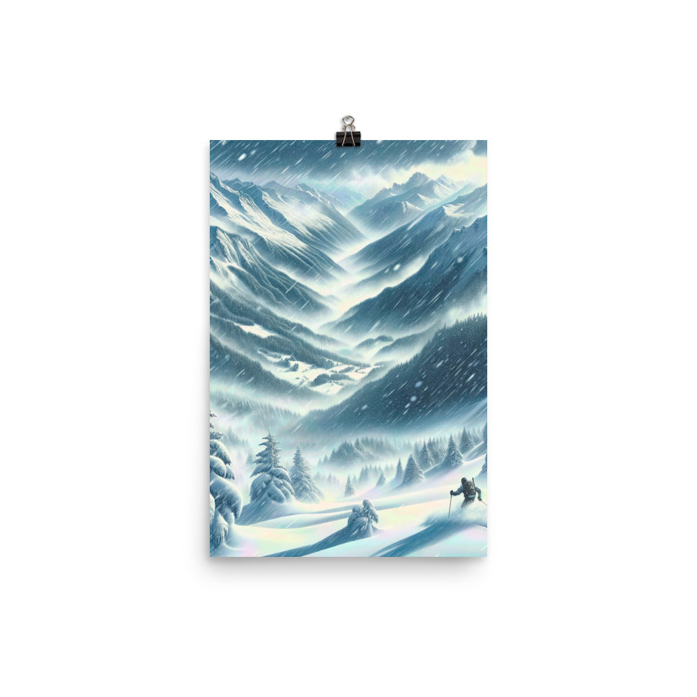 Alpine Wildnis im Wintersturm mit Skifahrer, verschneite Landschaft - Premium Poster (glänzend) klettern ski xxx yyy zzz 30.5 x 45.7 cm