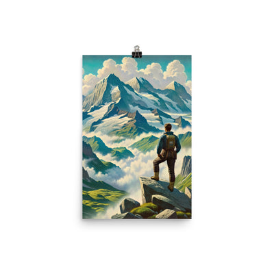 Panoramablick der Alpen mit Wanderer auf einem Hügel und schroffen Gipfeln - Premium Poster (glänzend) wandern xxx yyy zzz 30.5 x 45.7 cm