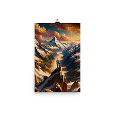 Ölgemälde eines Wanderers auf einem Hügel mit Panoramablick auf schneebedeckte Alpen und goldenen Himmel - Premium Luster Photo Paper wandern xxx yyy zzz 30.5 x 45.7 cm