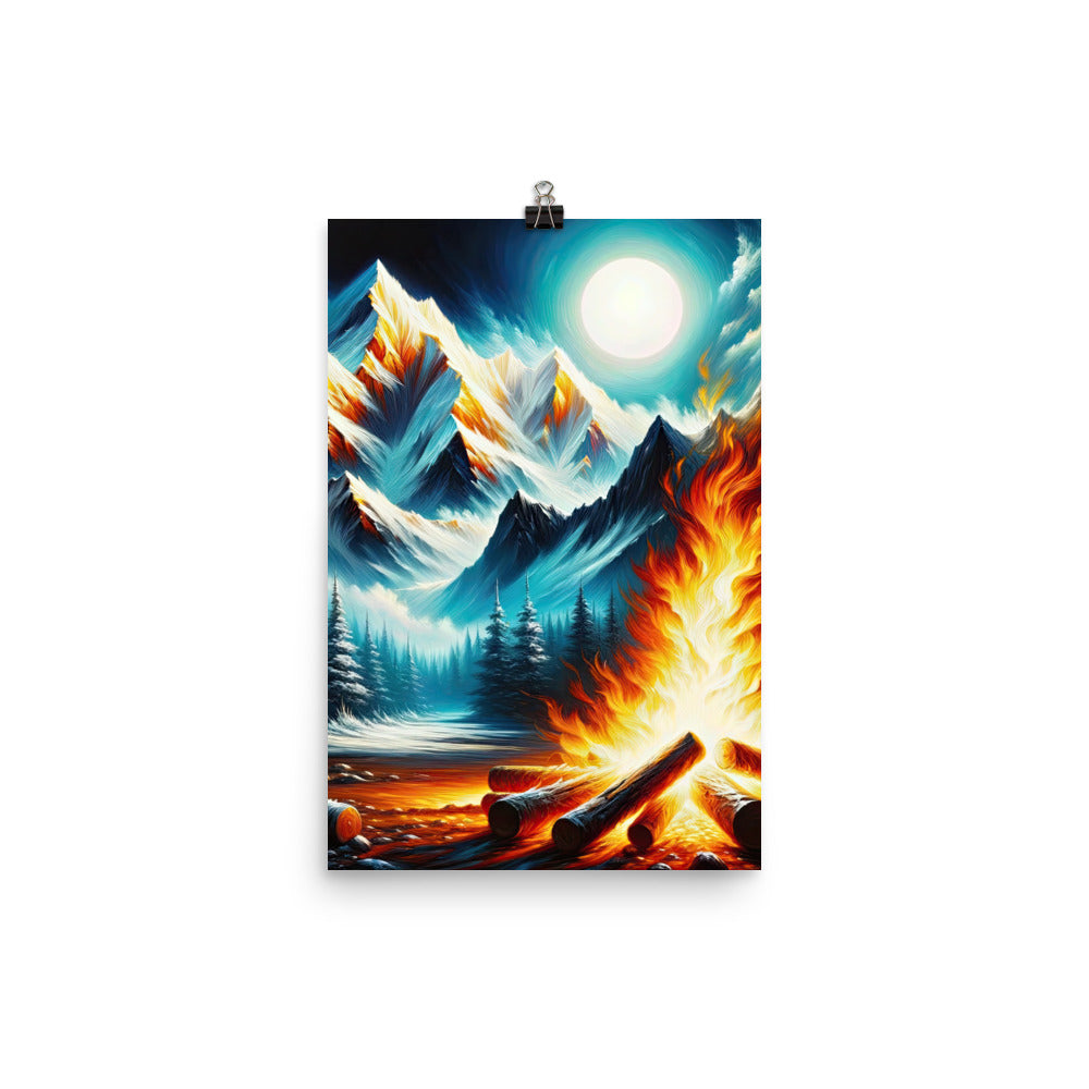 Ölgemälde von Feuer und Eis: Lagerfeuer und Alpen im Kontrast, warme Flammen - Premium Poster (glänzend) camping xxx yyy zzz 30.5 x 45.7 cm