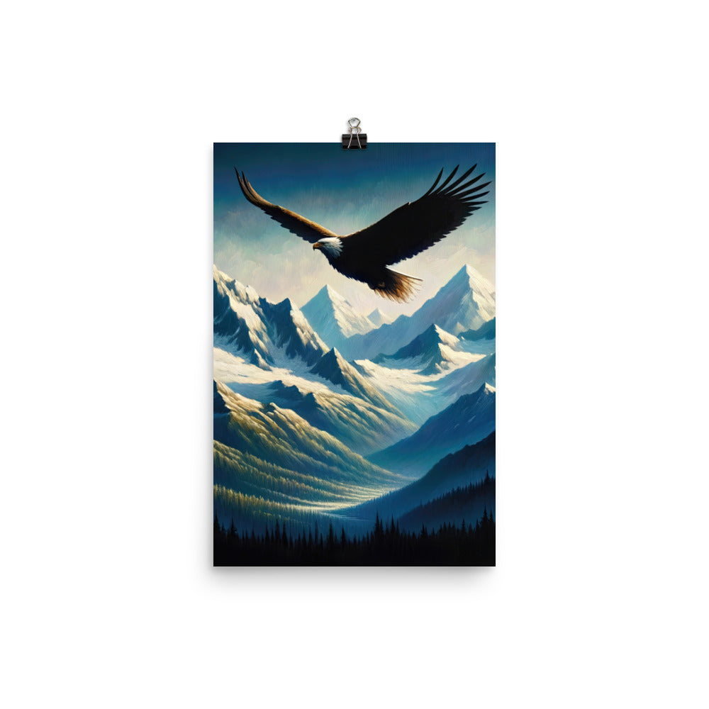 Ölgemälde eines Adlers vor schneebedeckten Bergsilhouetten - Premium Poster (glänzend) berge xxx yyy zzz 30.5 x 45.7 cm