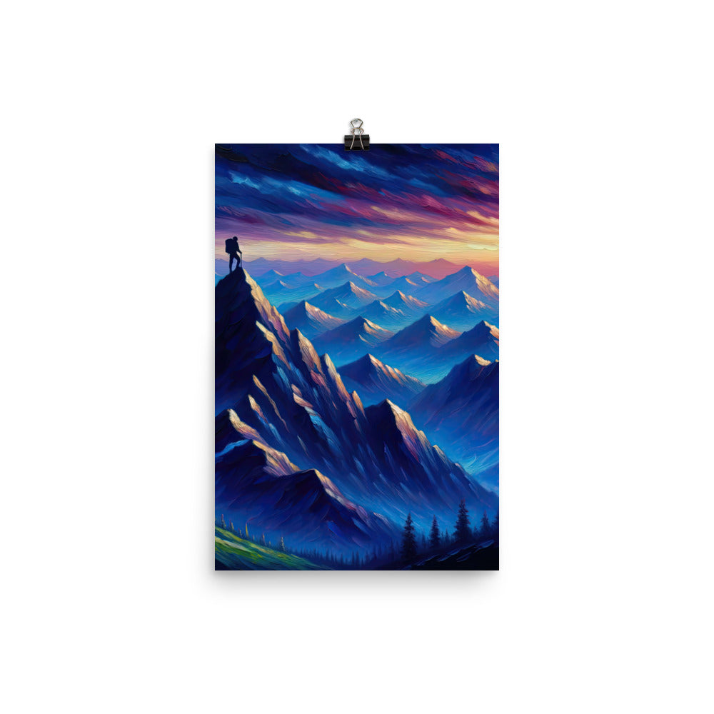 Ölgemälde eines ruhigen Alpenabends mit Bergsteigersilhouette auf dem Gipfel - Premium Poster (glänzend) wandern xxx yyy zzz 30.5 x 45.7 cm