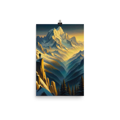 Ölgemälde eines Wanderers bei Morgendämmerung auf Alpengipfeln mit goldenem Sonnenlicht - Premium Poster (glänzend) wandern xxx yyy zzz 30.5 x 45.7 cm