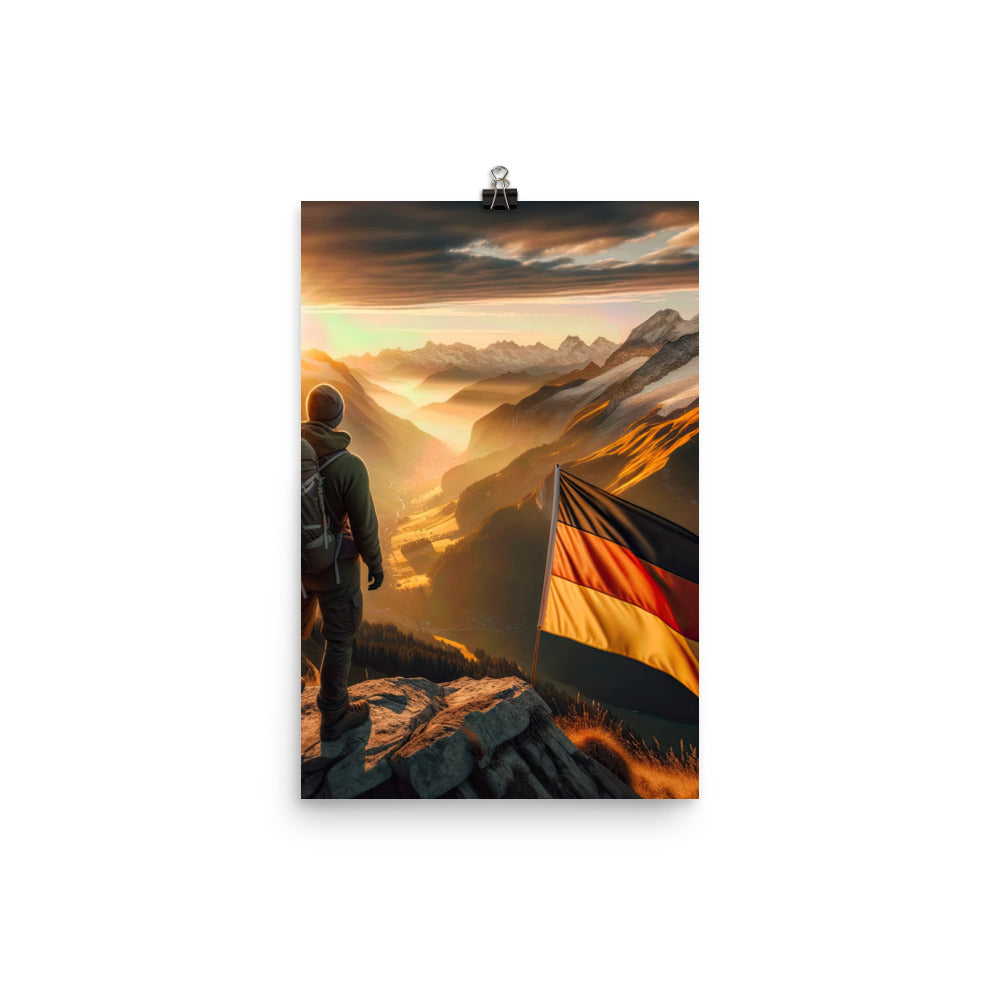 Foto der Alpen bei Sonnenuntergang mit deutscher Flagge und Wanderer, goldenes Licht auf Schneegipfeln - Premium Luster Photo Paper berge xxx yyy zzz 30.5 x 45.7 cm