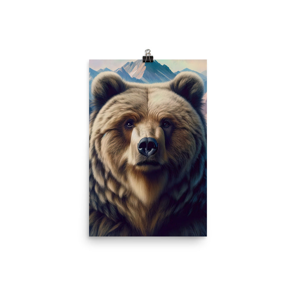 Foto eines Bären vor abstrakt gemalten Alpenbergen, Oberkörper im Fokus - Premium Poster (glänzend) camping xxx yyy zzz 30.5 x 45.7 cm