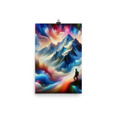 Foto eines abstrakt-expressionistischen Alpengemäldes mit Wanderersilhouette - Premium Poster (glänzend) wandern xxx yyy zzz 30.5 x 45.7 cm