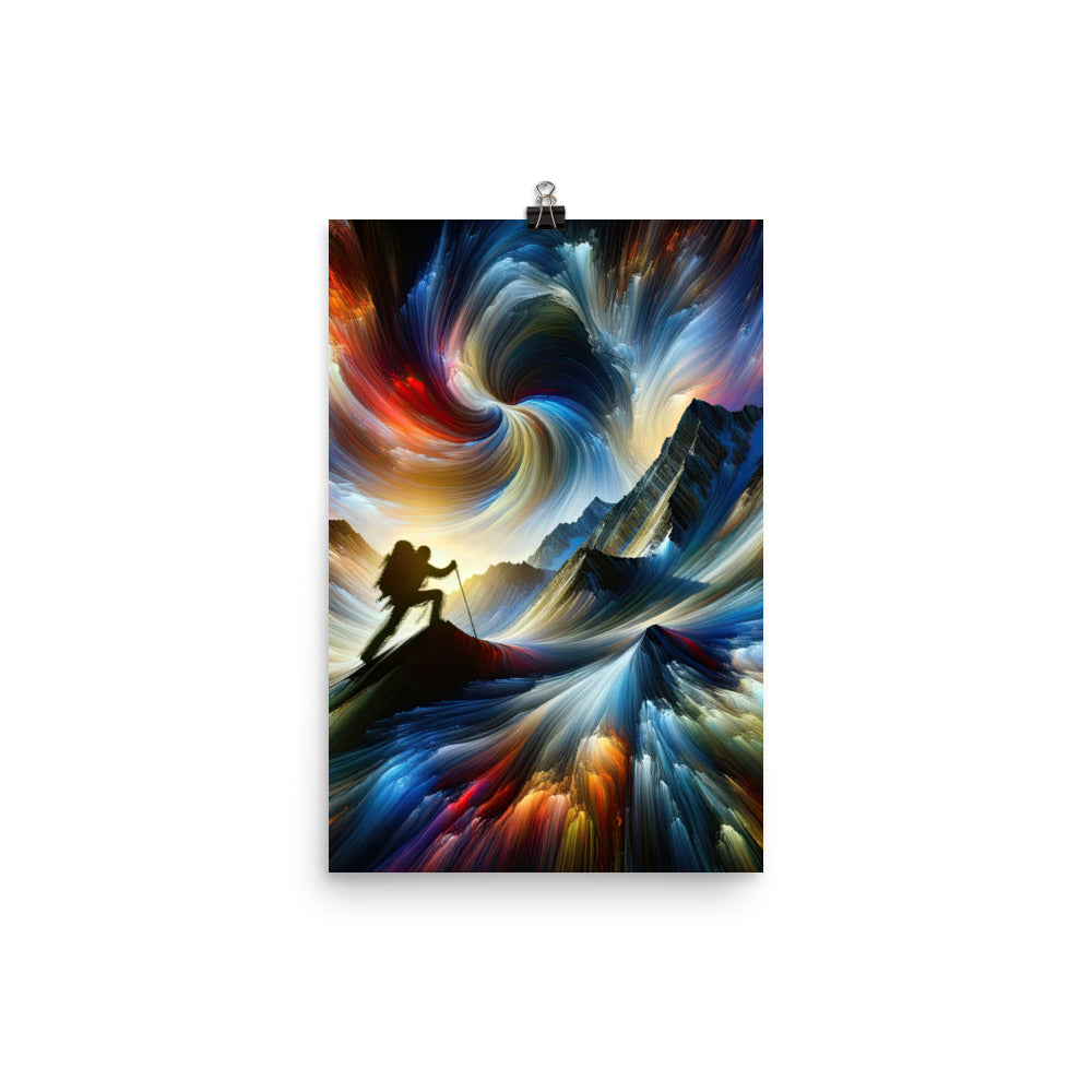 Foto der Alpen in abstrakten Farben mit Bergsteigersilhouette - Premium Poster (glänzend) wandern xxx yyy zzz 30.5 x 45.7 cm