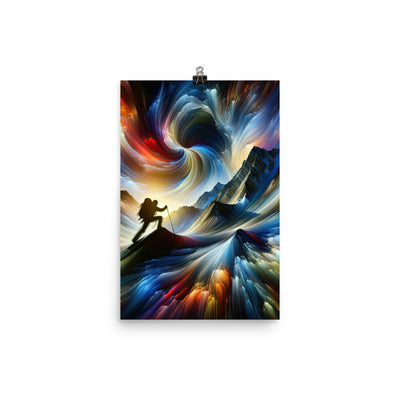 Foto der Alpen in abstrakten Farben mit Bergsteigersilhouette - Premium Poster (glänzend) wandern xxx yyy zzz 30.5 x 45.7 cm