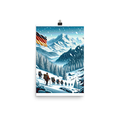 Quadratische Winterillustration der Alpen mit deutscher Flagge und Wanderteam - Premium Poster (glänzend) wandern xxx yyy zzz 30.5 x 45.7 cm