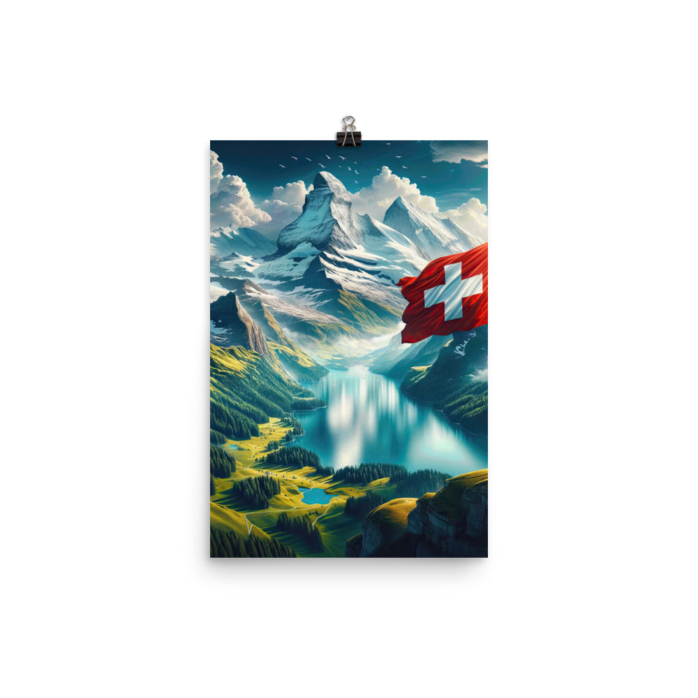 Ultraepische, fotorealistische Darstellung der Schweizer Alpenlandschaft mit Schweizer Flagge - Premium Poster (glänzend) berge xxx yyy zzz 30.5 x 45.7 cm
