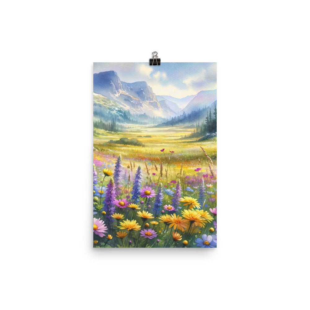 Aquarell einer Almwiese in Ruhe, Wildblumenteppich in Gelb, Lila, Rosa - Premium Poster (glänzend) berge xxx yyy zzz 30.5 x 45.7 cm