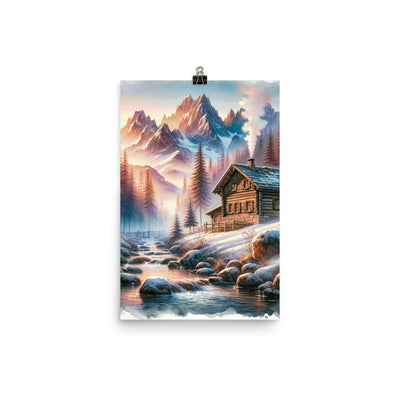 Aquarell einer Alpenszene im Morgengrauen, Haus in den Bergen - Premium Poster (glänzend) berge xxx yyy zzz 30.5 x 45.7 cm