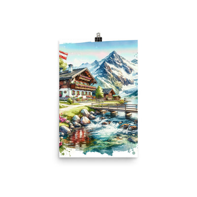Aquarell der frühlingshaften Alpenkette mit österreichischer Flagge und schmelzendem Schnee - Premium Poster (glänzend) berge xxx yyy zzz 30.5 x 45.7 cm