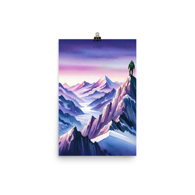 Aquarell eines Bergsteigers auf einem Alpengipfel in der Abenddämmerung - Premium Poster (glänzend) wandern xxx yyy zzz 30.5 x 45.7 cm