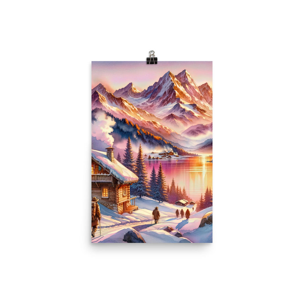 Aquarell eines Alpenpanoramas mit Wanderern bei Sonnenuntergang in Rosa und Gold - Premium Poster (glänzend) wandern xxx yyy zzz 30.5 x 45.7 cm