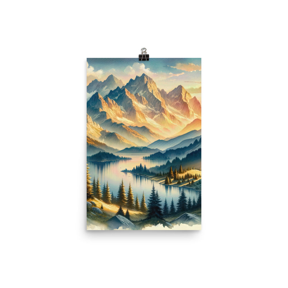 Aquarell der Alpenpracht bei Sonnenuntergang, Berge im goldenen Licht - Premium Poster (glänzend) berge xxx yyy zzz 30.5 x 45.7 cm