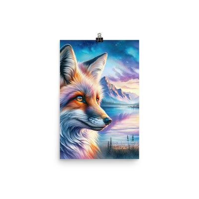 Aquarellporträt eines Fuchses im Dämmerlicht am Bergsee - Premium Poster (glänzend) camping xxx yyy zzz 30.5 x 45.7 cm