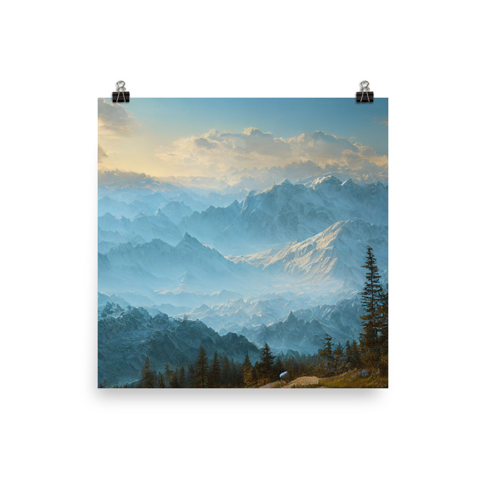 Schöne Berge mit Nebel bedeckt - Ölmalerei - Premium Poster (glänzend) berge xxx 40.6 x 40.6 cm