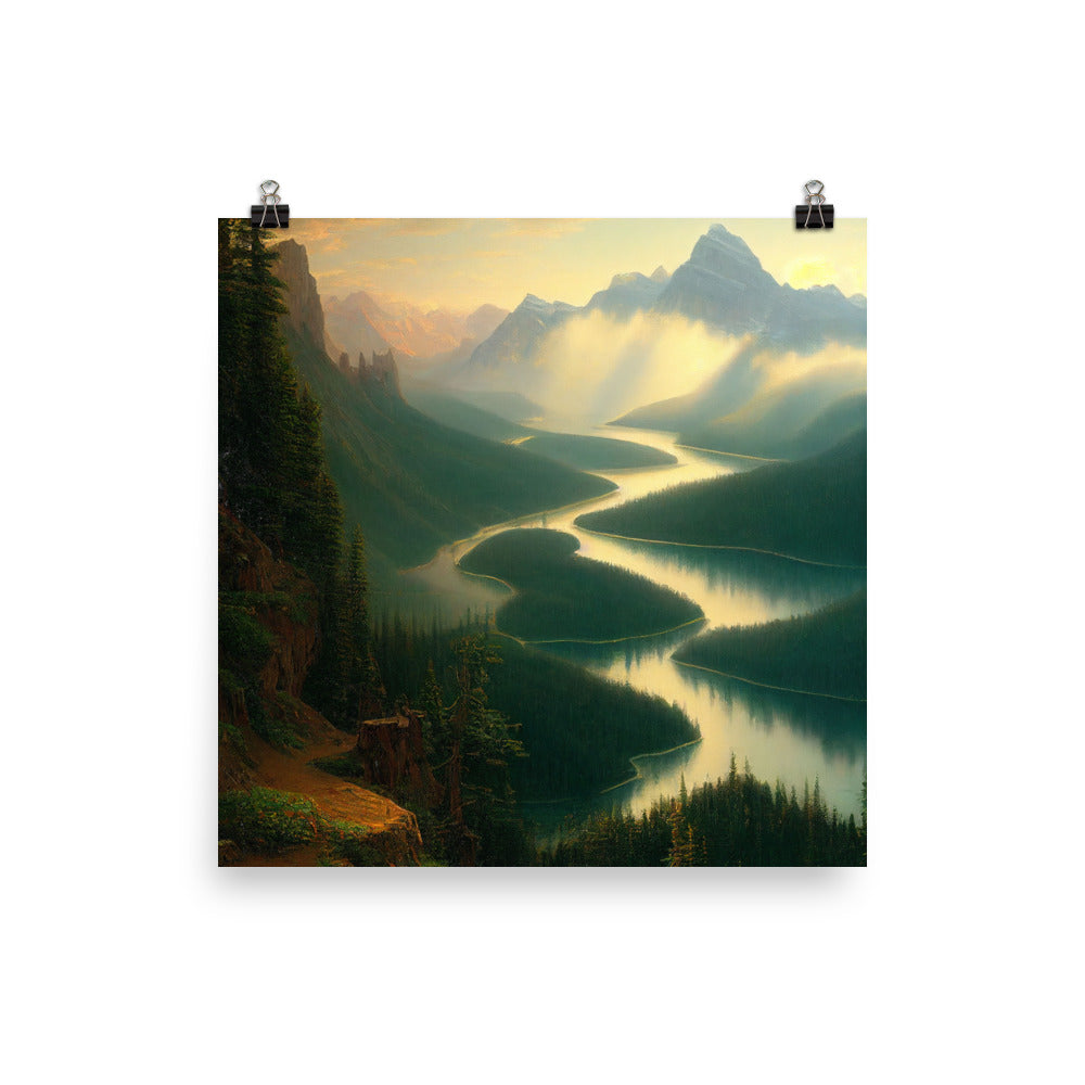 Landschaft mit Bergen, See und viel grüne Natur - Malerei - Premium Poster (glänzend) berge xxx 40.6 x 40.6 cm