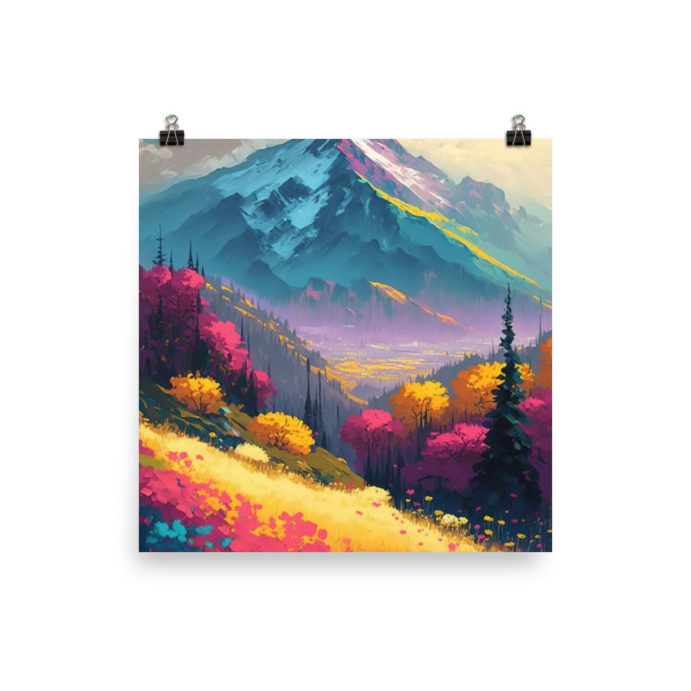 Berge, pinke und gelbe Bäume, sowie Blumen - Farbige Malerei - Premium Poster (glänzend) berge xxx 40.6 x 40.6 cm