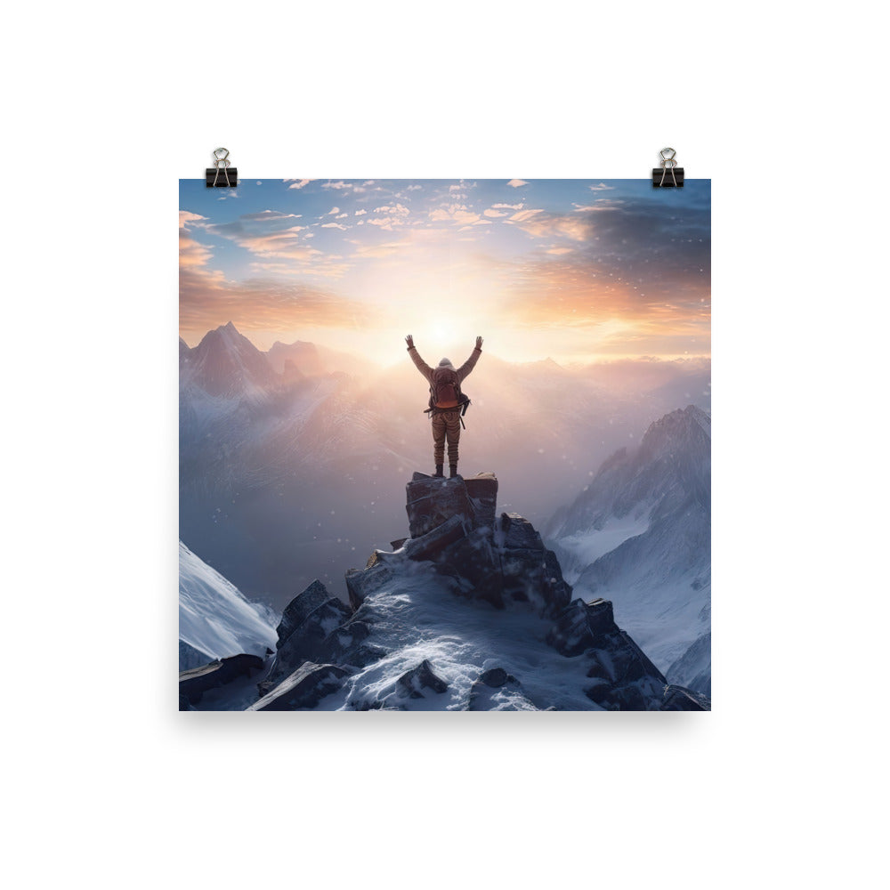 Mann auf der Spitze eines Berges - Landschaftsmalerei - Premium Poster (glänzend) berge xxx 40.6 x 40.6 cm