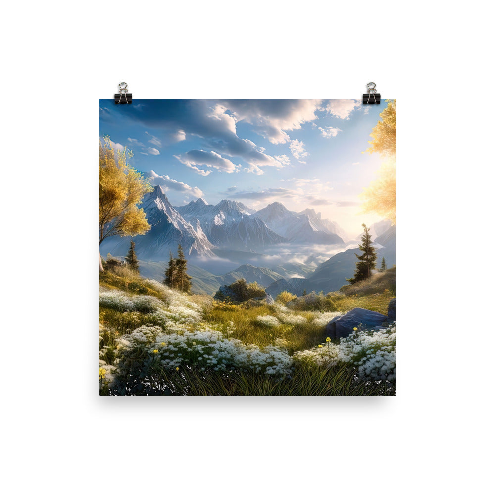 Berglandschaft mit Sonnenschein, Blumen und Bäumen - Malerei - Premium Poster (glänzend) berge xxx 40.6 x 40.6 cm