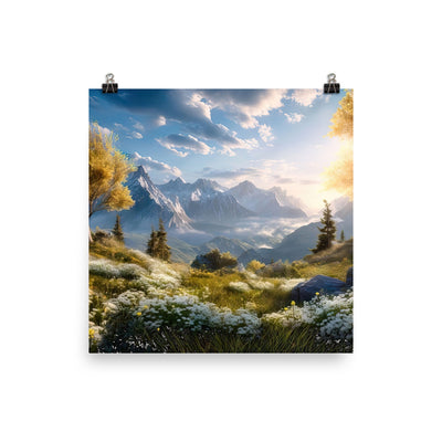 Berglandschaft mit Sonnenschein, Blumen und Bäumen - Malerei - Premium Poster (glänzend) berge xxx 40.6 x 40.6 cm
