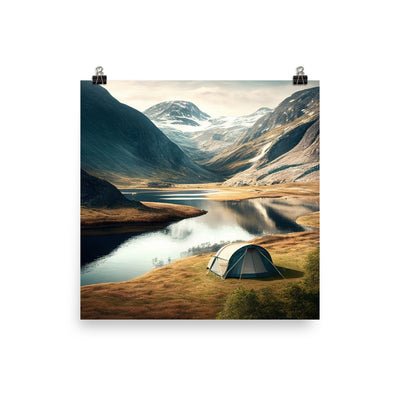 Zelt, Berge und Bergsee - Premium Poster (glänzend) camping xxx 40.6 x 40.6 cm